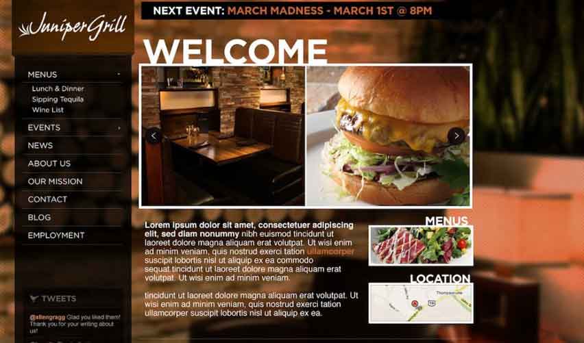 Screenshot of the Juniper Grill restaurant website with interior and burger photos