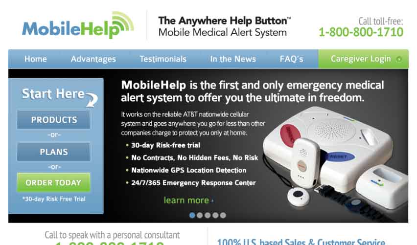 Screenshot of the MobileHelp medical alert website showing product devices and start-here options